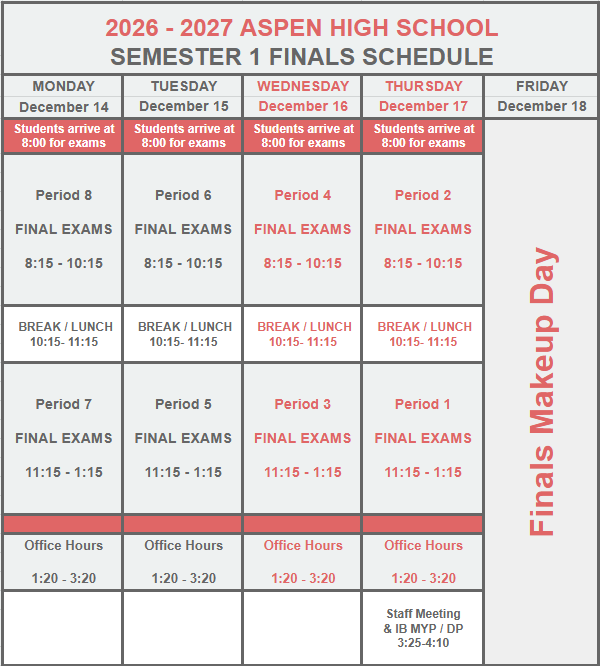 2026-27 Semester 1 Exam Schedule